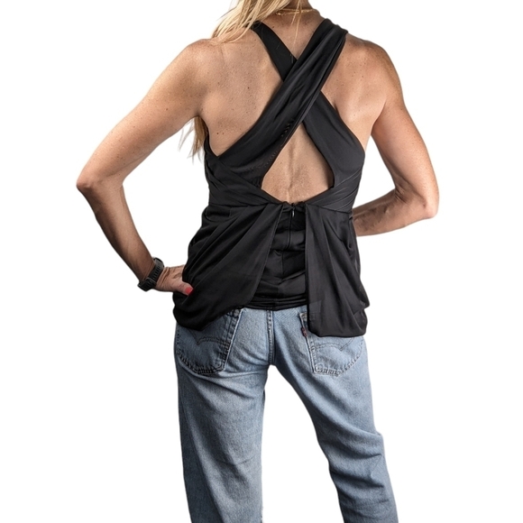 Asos Sexy Black Sleeveless Drapey Mesh Ruffle Elastic Waist Peplum Top Size 4 - Picture 4 of 6